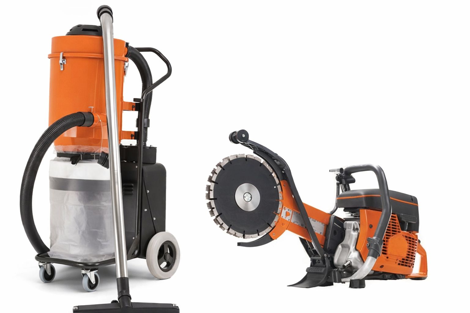 Oransje betongsag og støvsuger, relevant for overflatebehandling med betongfres.